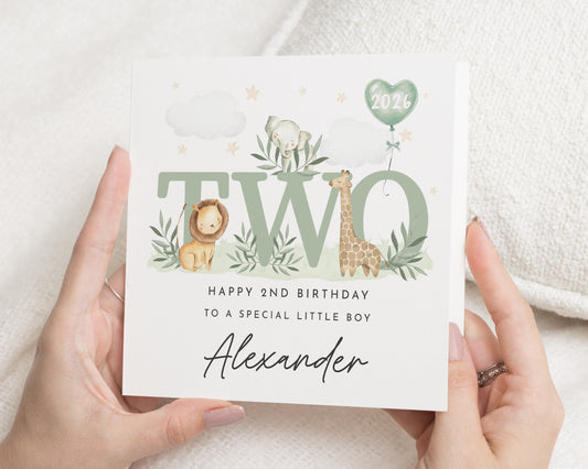 2nd Birthday Card for Boy, Personalised Safari Birthday Card, Custom Jungle Animal Birthday Card, 2nd Birthday Card for Son