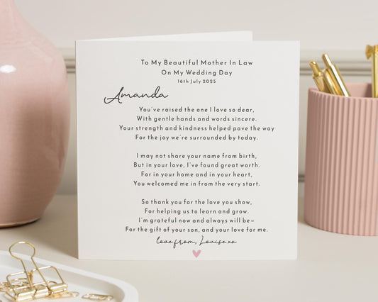 Mother In Law Wedding Day Card, Mother Of The Groom Card, Personalised Poem Card, Wedding Thank You Card, Mother In Law Gift