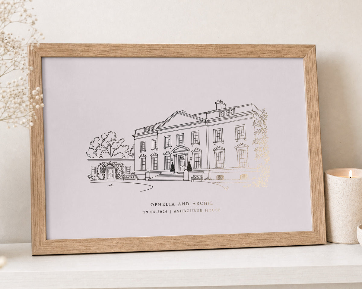 Personalised Gold Foil Venue Print from Your Photo, Blush Pink Wall Art, Custom Couple Illustration, Wedding or Anniversary Gift