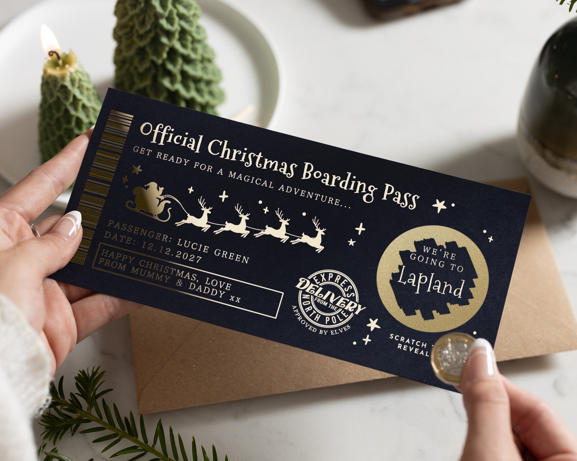 Lapland Gift Voucher, Personalised Christmas Boarding Pass, Scratch To Reveal, Lapland Experience Ticket, Gift For Kids