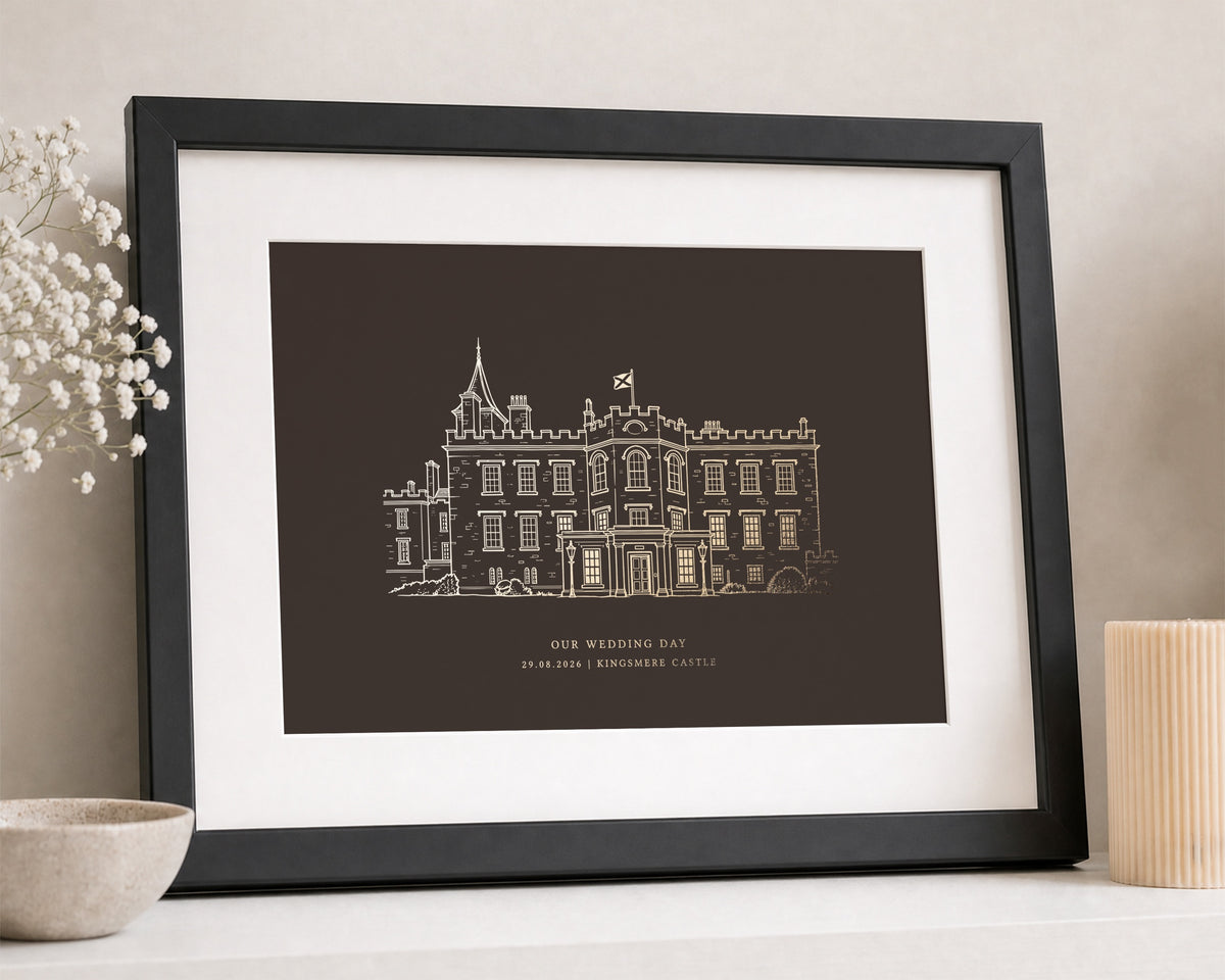 Personalised Gold Foil Wedding Venue Print, Chocolate Brown Wall Art, Wedding Gift, Anniversary Gift, Landscape Framed Print