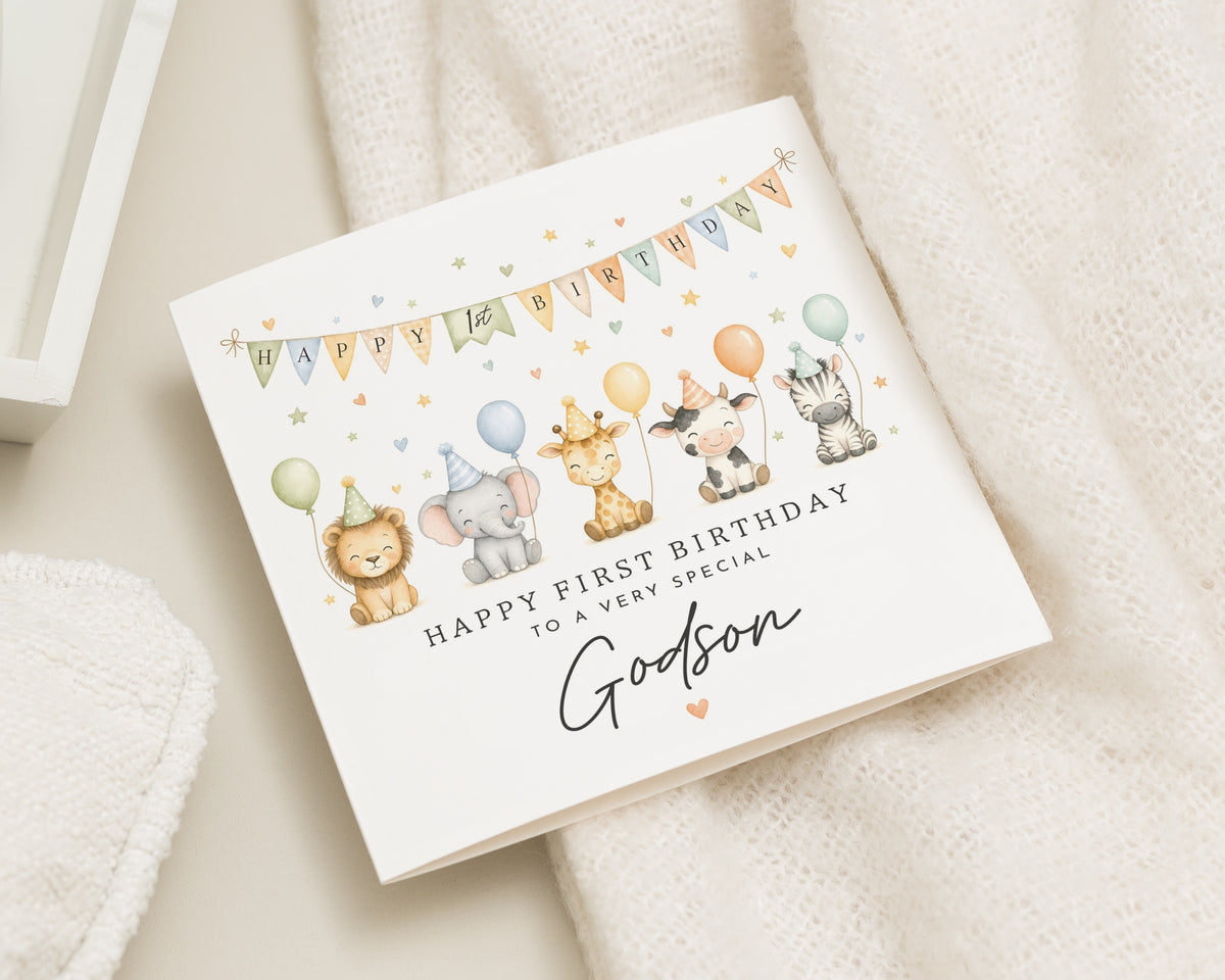 1st Birthday Card for Godson, First Birthday Card for Boy, Personalised Birthday Card, Safari Animals Birthday Card, Cute Jungle Card