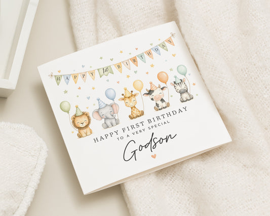 1st Birthday Card for Godson, First Birthday Card for Boy, Personalised Birthday Card, Safari Animals Birthday Card, Cute Jungle Card