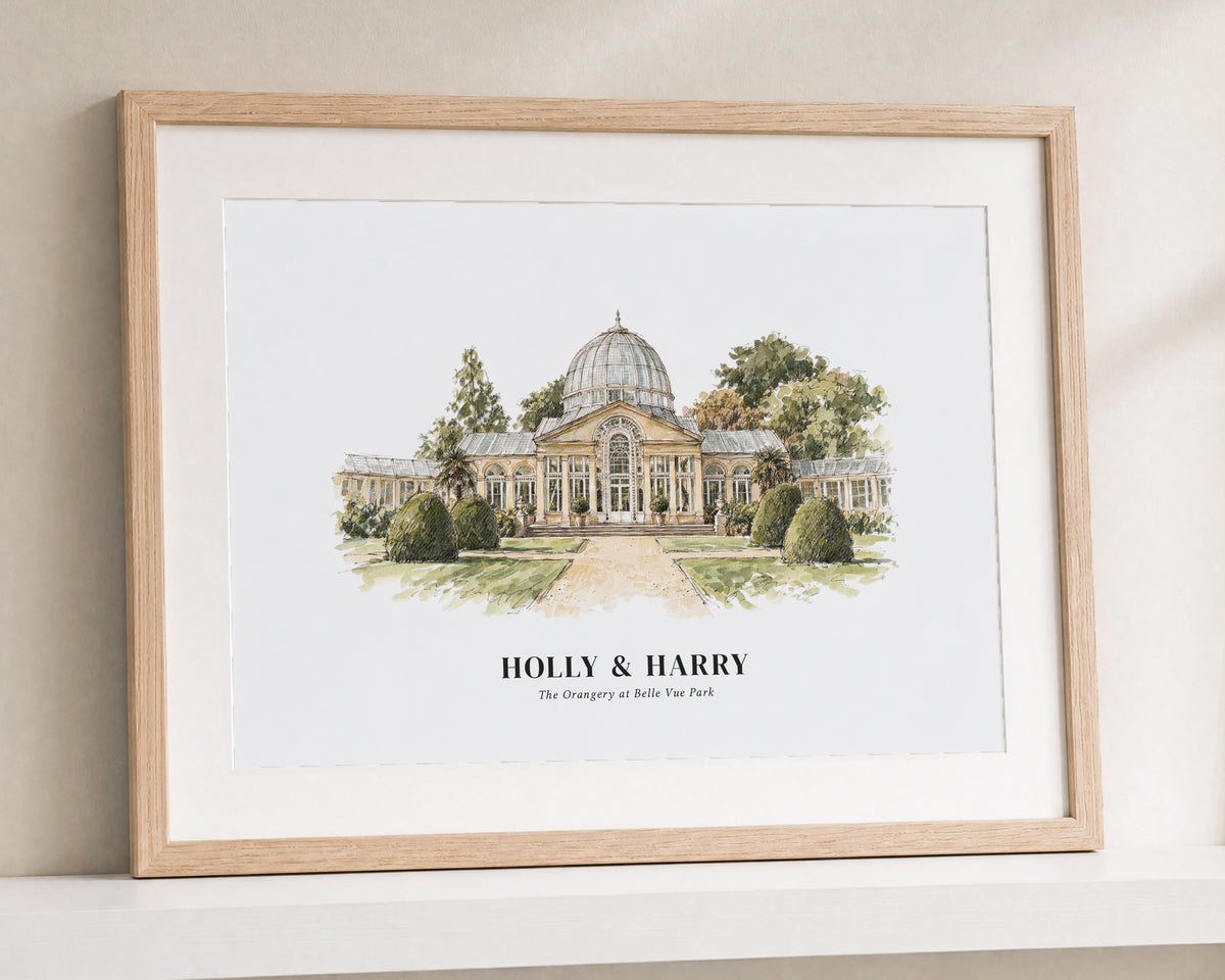 Personalised Wedding Venue Print, Custom Couple Wall Art, Venue Illustration, Wedding Gift, Anniversary Gift, Oak Framed Print