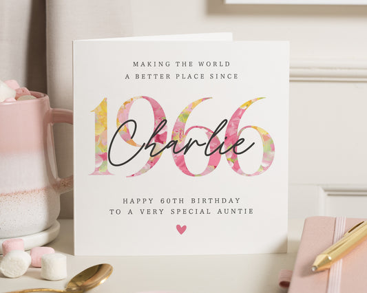 60th Birthday Card for Auntie, Personalised Birthday Card for Her, Floral 60th Birthday Card, Custom Milestone Birthday Card