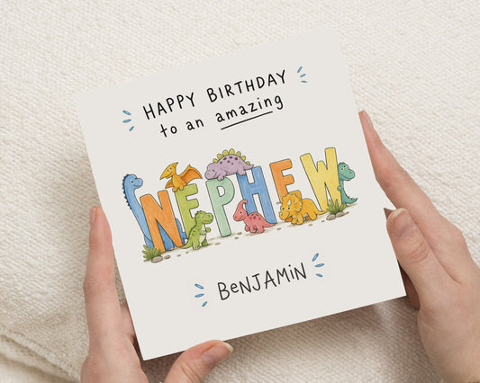 Personalised Dinosaur Birthday Card for Nephew, Nephew Birthday Card, Birthday Card for Boy, Kids Birthday Card, Custom Dinosaur Card
