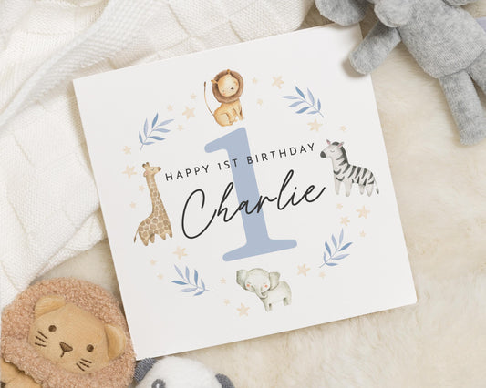 1st Birthday Card, Personalised Safari Birthday Card, Birthday Card for Boy, Birthday Card for Girl, Cute Animal Birthday Card
