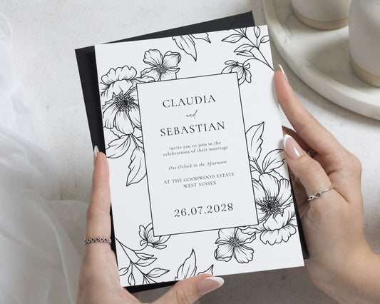 Black and White Floral Wedding Invitations, Elegant Botanical Wedding Invite, Personalised Minimalist Invitation Suite