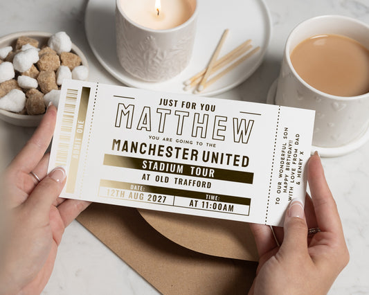 Personalised Manchester United Stadium Tour Ticket, Gift Voucher for Him, Football Experience, Gold Foil, Birthday Gift