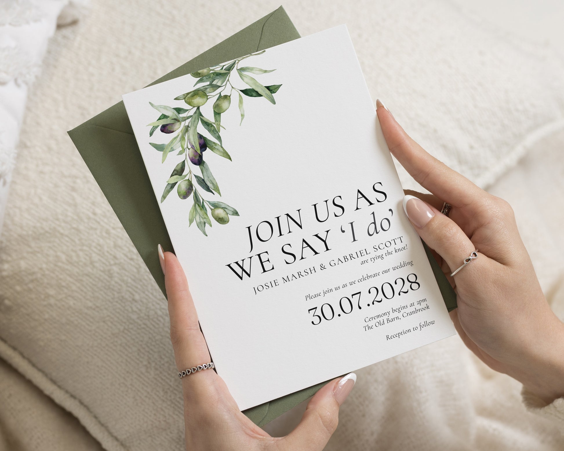 Olive Wedding Invitations, Italian Destination Wedding Invites, Botanical Greenery Wedding Stationery, Personalised Invitation Suite