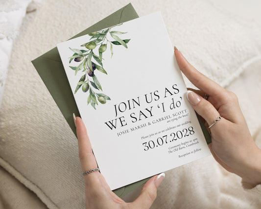 Olive Wedding Invitations, Italian Destination Wedding Invites, Botanical Greenery Wedding Stationery, Personalised Invitation Suite