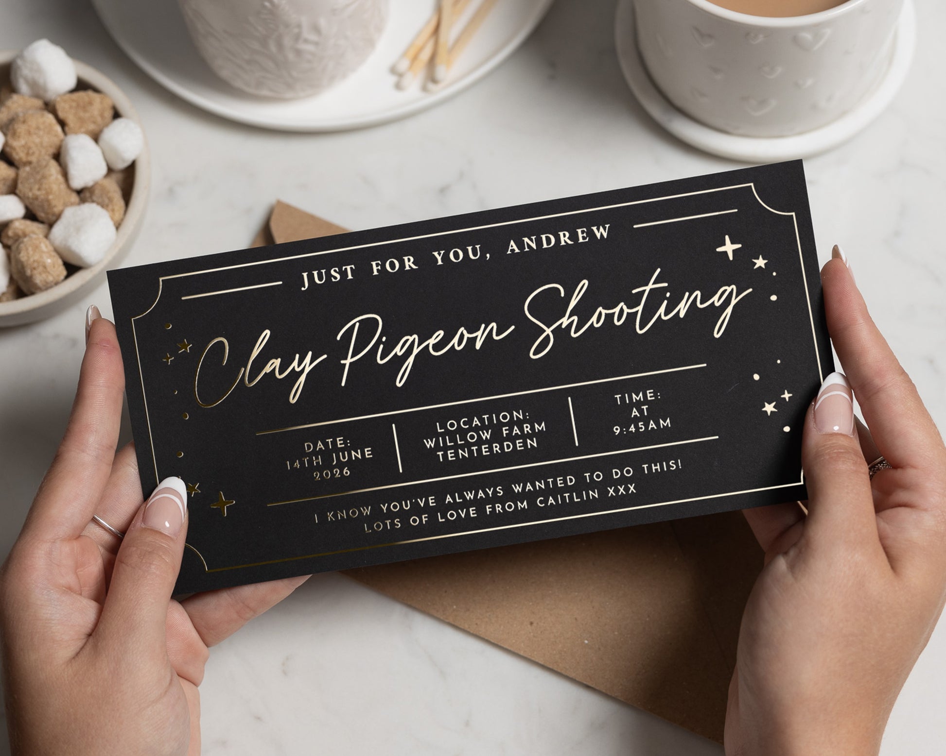 Personalised Clay Pigeon Shooting Gift Voucher, Gold Foil Experience, Custom Shooting Day Gift for Him or Her