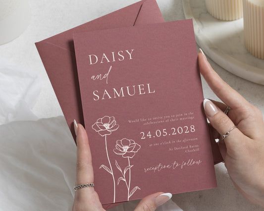 Terracotta Pink Wedding Invitations, Floral Line Art Wedding Invites, Elegant Botanical Wedding Stationery, Personalised Invitation Suite
