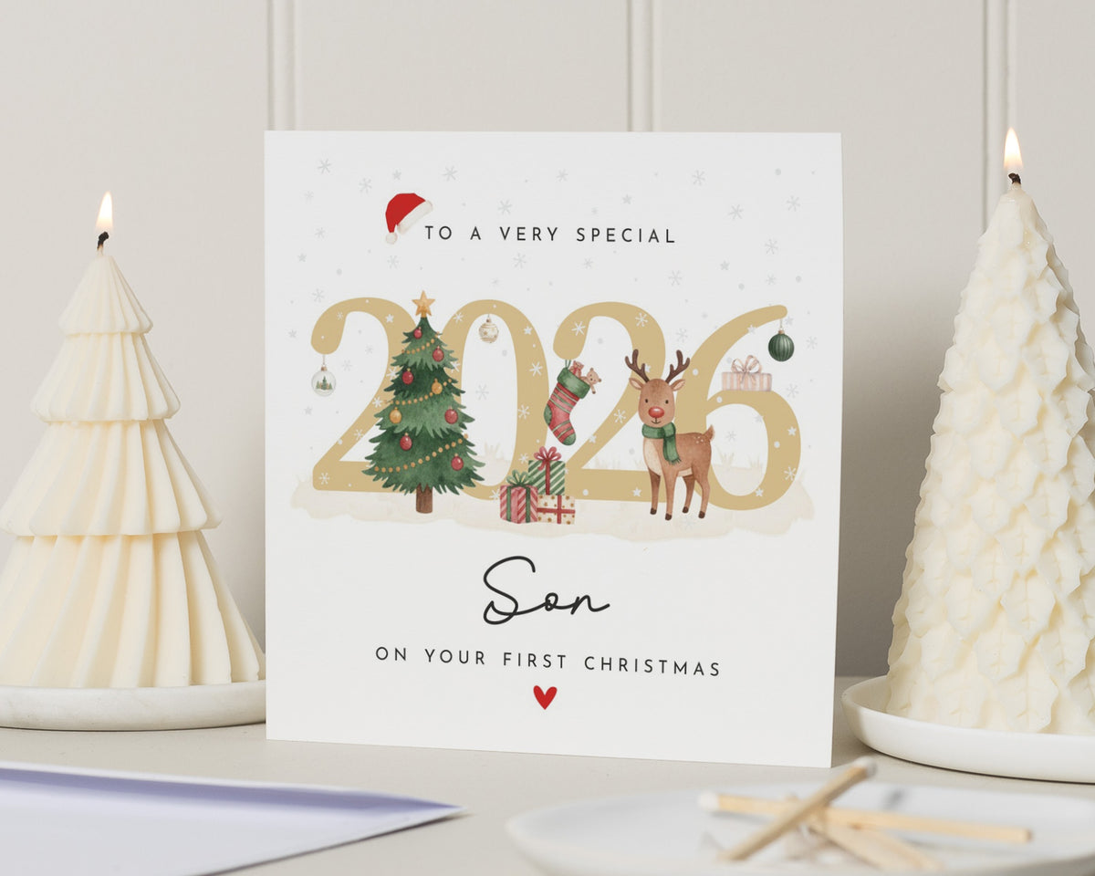 Son First Christmas Card, 1st Christmas Card for Son, Baby Boy Christmas Card 2026, Personalised Christmas Card, Cute Reindeer Card