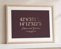 Personalised Gold Foil Coordinates Print, Burgundy Wedding Wall Art, Gift for Couple, Anniversary Gift, Landscape Framed Print