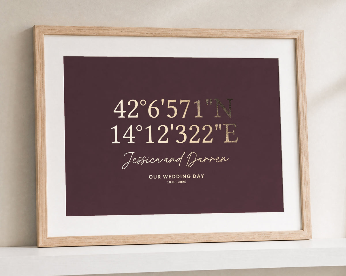 Personalised Gold Foil Coordinates Print, Burgundy Wedding Wall Art, Gift for Couple, Anniversary Gift, Landscape Framed Print
