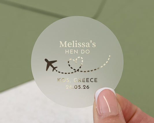 Hen Do Sticker, Personalised Hen Party Sticker, Custom Hen Do Label, Gold Foil Hen Party Sticker, Hen Do Favour Sticker, Travel Theme