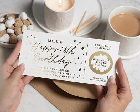 18th Birthday Scratch Off Gift Voucher for Sister, Birthday Surprise Card, Weekend Away Gift Voucher, Overnight Stay Gift