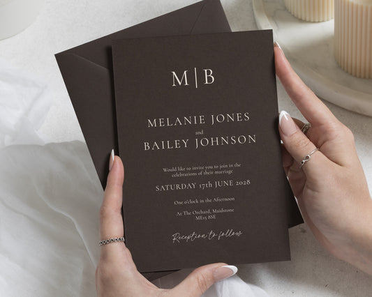 Chocolate Brown Wedding Invitations, Minimalist Monogram Wedding Invites, Elegant Typography, Formal Wedding Stationery