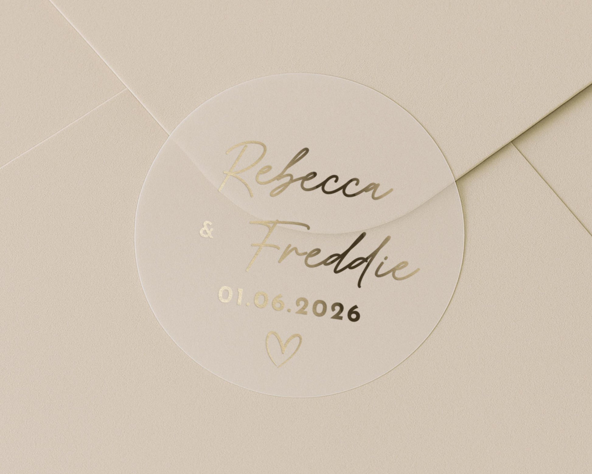 Personalised Wedding Envelope Seal, Gold Foil Wedding Sticker, Custom Names and Date, Wedding Stationery, Transparent Seal