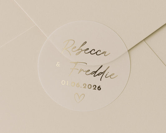 Personalised Wedding Envelope Seal, Gold Foil Wedding Sticker, Custom Names and Date, Wedding Stationery, Transparent Seal