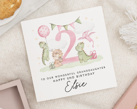 2nd Birthday Card for Granddaughter, Dinosaur Birthday Card, Personalised Birthday Card for Girl, Daughter, Niece, Cute Card