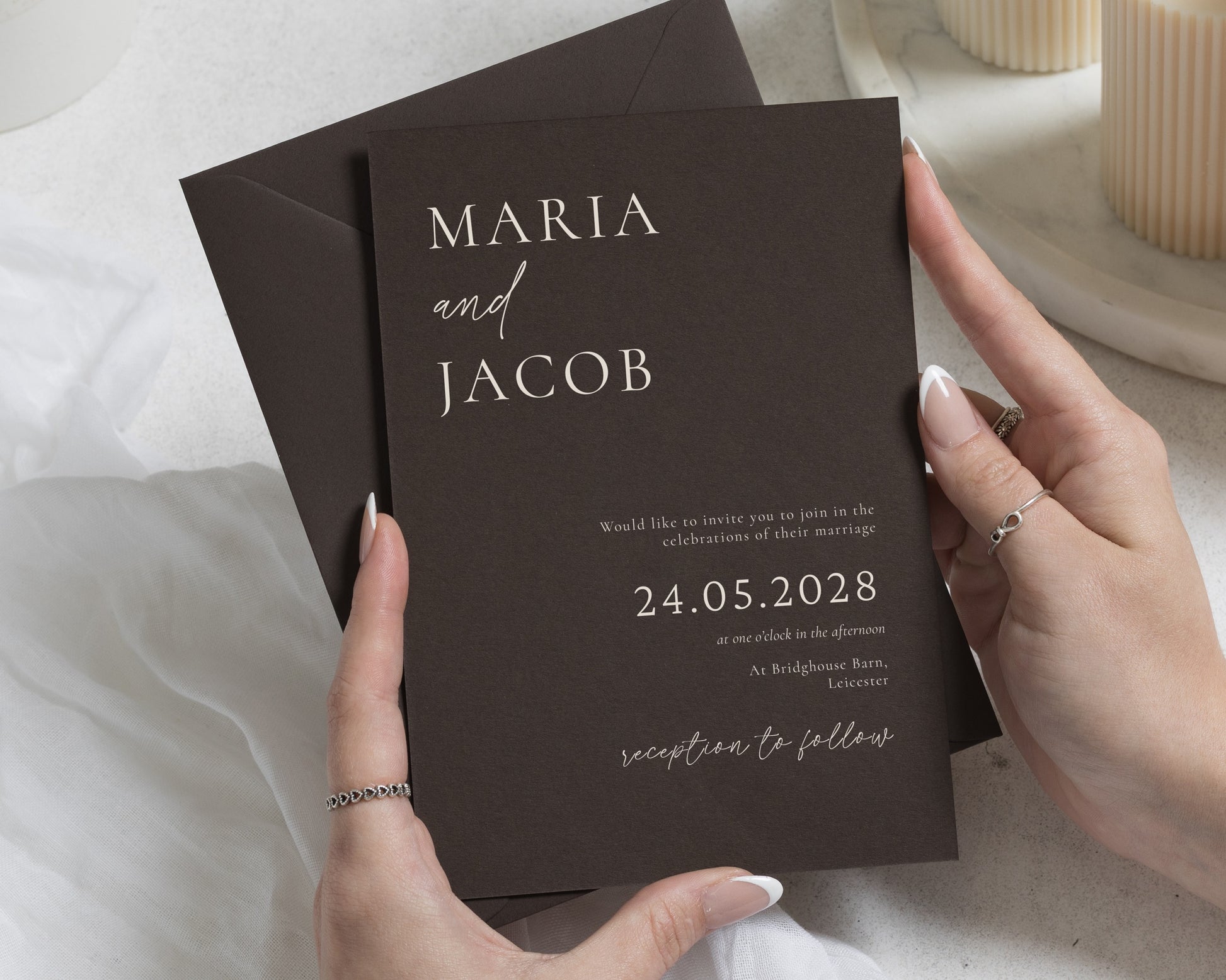 Cacao Brown Wedding Invitations, Elegant Typography Wedding Invites, Dark Brown Personalised Invitation Suite, Minimalist Wedding Stationery