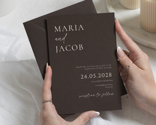 Cacao Brown Wedding Invitations, Elegant Typography Wedding Invites, Dark Brown Personalised Invitation Suite, Minimalist Wedding Stationery