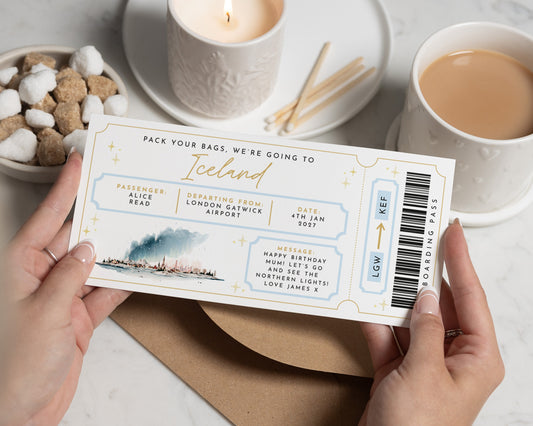 Personalised Holiday Reveal Ticket, Iceland Gift Voucher, Birthday Travel Boarding Pass, Custom Trip Announcement for Mum