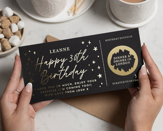 30th Birthday Gift Voucher for Her, Scratch to Reveal Birthday Surprise, Dinner and Drinks Gift, Personalised Birthday Card