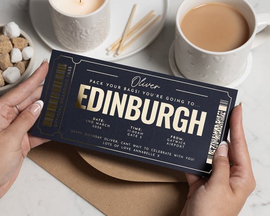 Personalised Edinburgh Gift Voucher, Birthday Boarding Pass, Gold Foil Holiday Reveal, Custom Travel Ticket, Scratch to Reveal