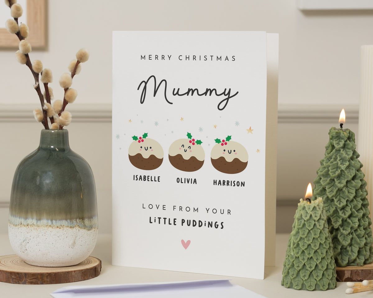 Mummy Christmas Card, Christmas Card for Mum, Personalised Christmas Card from Kids, Cute Christmas Pudding Card for Mummy