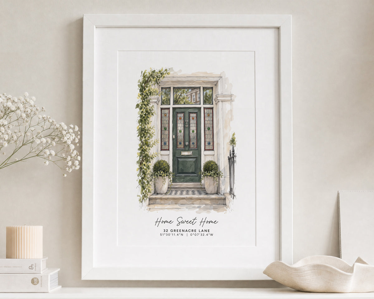 Personalised House Portrait Print, Custom Front Door Illustration, New Home Gift, House Warming Gift, Coordinates Wall Art With Mount