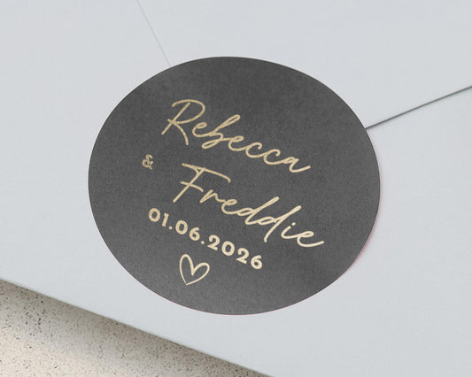Personalised Wedding Sticker, Custom Name Date Sticker, Gold Foil Envelope Seal, Wedding Favour Label, Heart Sticker