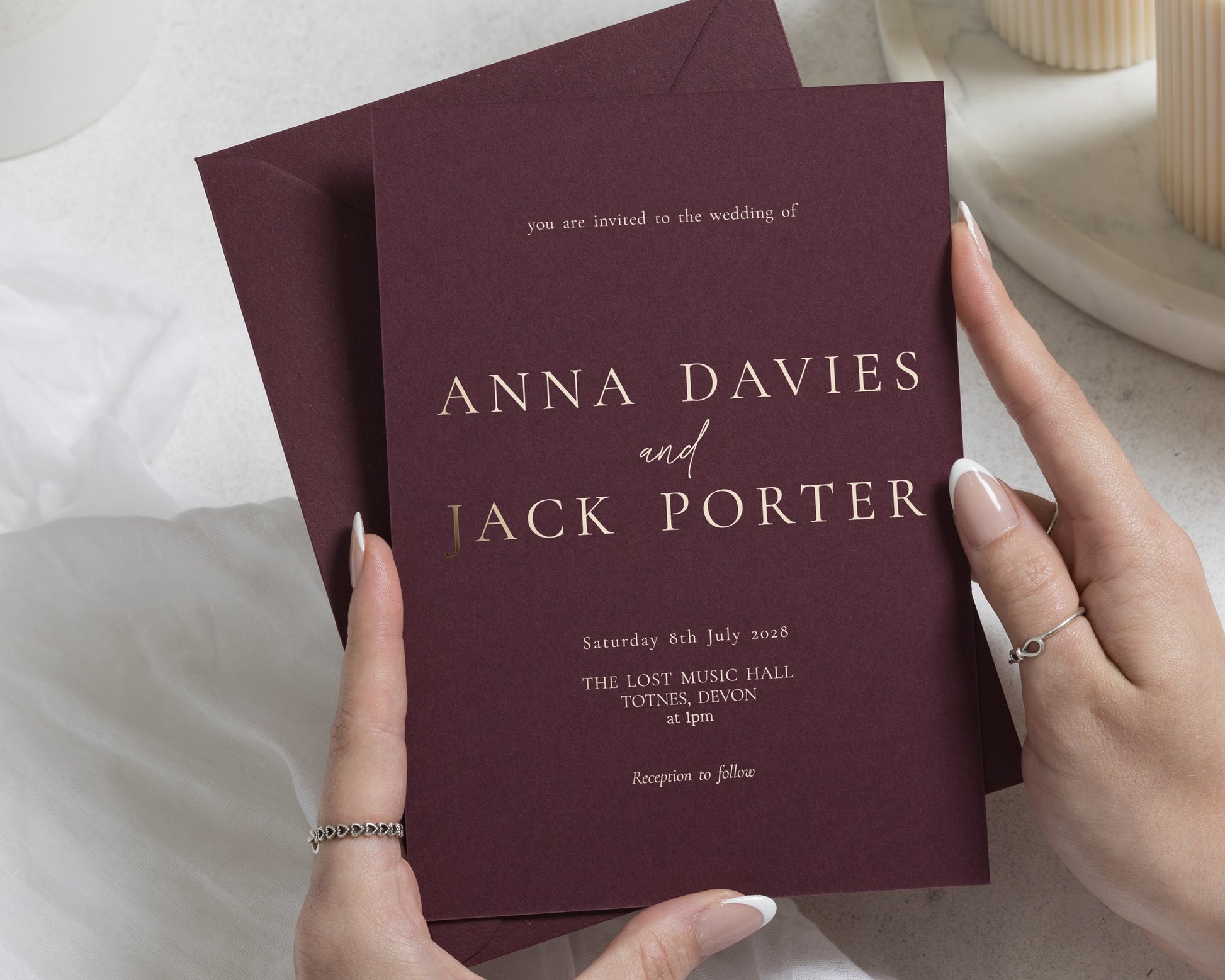 Gold Foil Wedding Invitations, Burgundy Minimalist Wedding Invite, Elegant Typography Invitation, Personalised Wedding Stationery