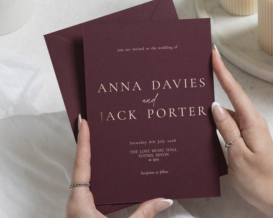 Gold Foil Wedding Invitations, Burgundy Minimalist Wedding Invite, Elegant Typography Invitation, Personalised Wedding Stationery