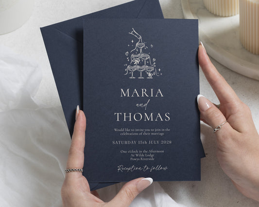 Navy Blue Wedding Invitations, Champagne Tower Wedding Invites, Elegant Party Wedding Stationery, Personalised Invitation Suite
