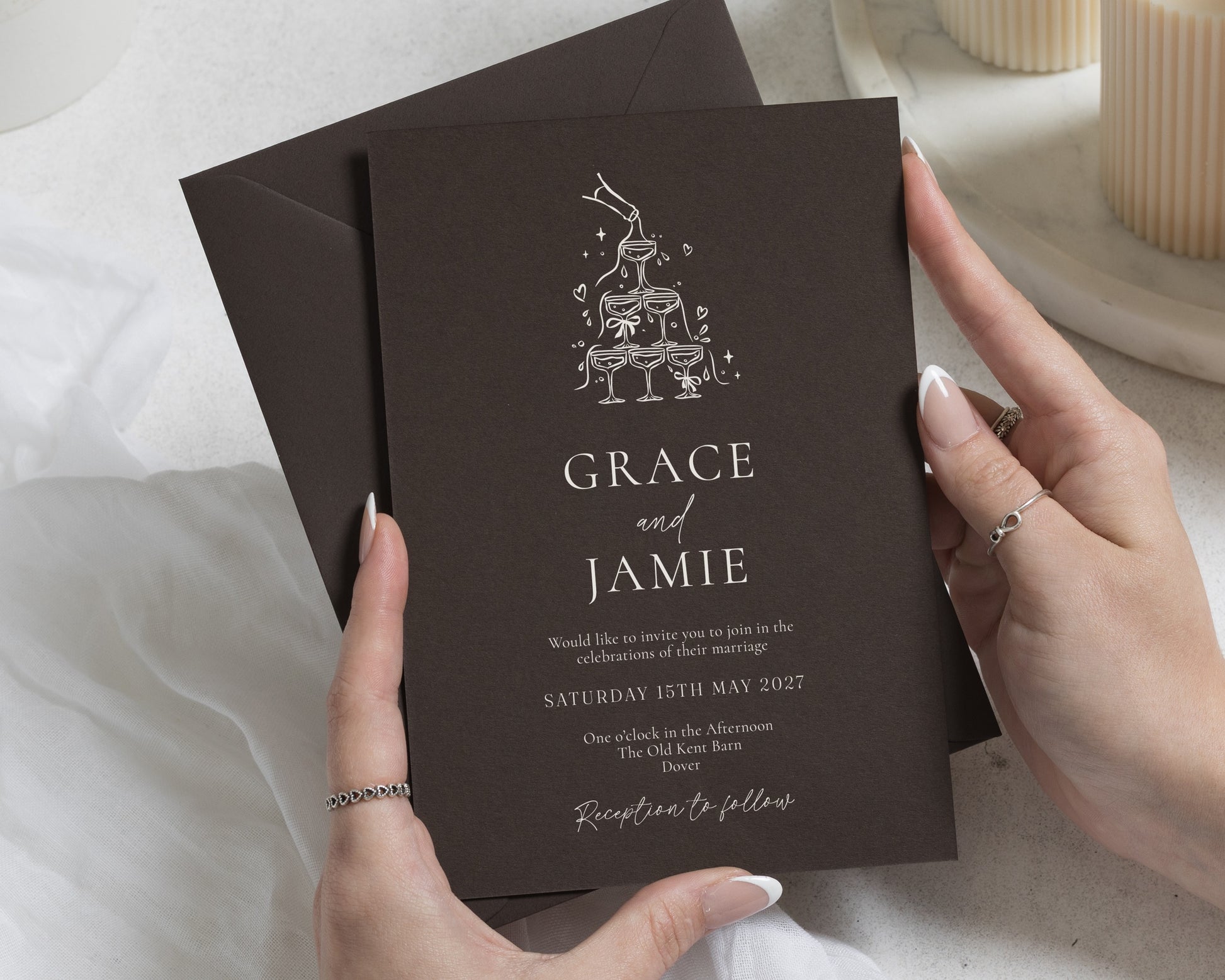 Champagne Tower Wedding Invitations, Dark Brown Elegant Wedding Invites, Cocktail Party Wedding Stationery, Personalised Invitation Suite