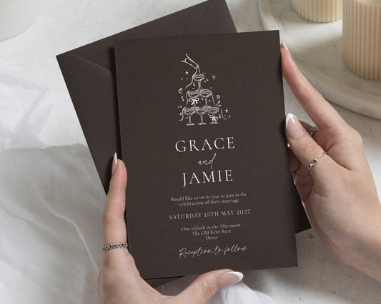 Champagne Tower Wedding Invitations, Dark Brown Elegant Wedding Invites, Cocktail Party Wedding Stationery, Personalised Invitation Suite