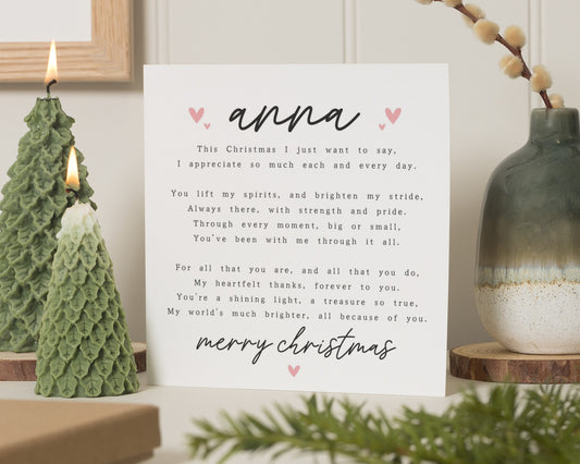 Personalised Christmas Card, Christmas Card for Her, Christmas Card for Friend, Custom Name Christmas Card, Poem Christmas Card