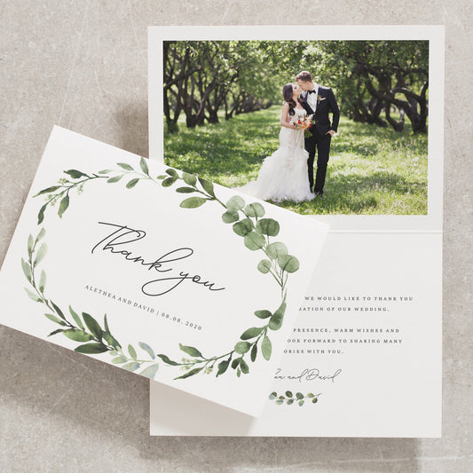 Sage Green Wedding Thank You Cards Pack, Greenery Wedding Thank You Card Set with Photo and Envelopes, Mediterranean Olive Green  &#39;Alethea&#39;