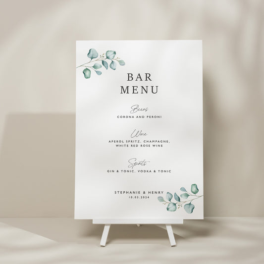 Eucalyptus Wedding Bar Menu Sign, Drinks Menu Sign, Greenery Wedding Sign, Wedding Drink Sign, Personalised Modern Wedding Sign &#39;Stephanie&#39;