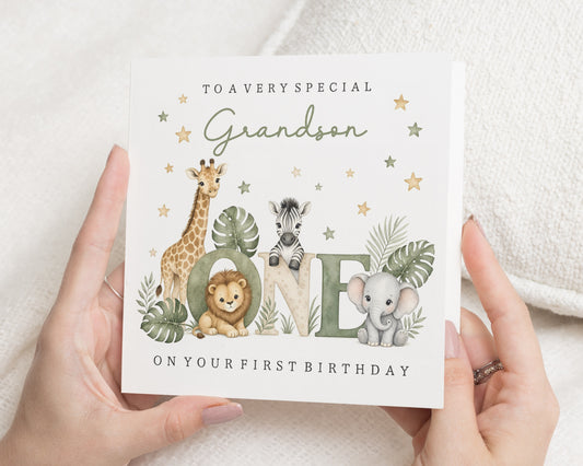 Grandson 1st Birthday Card, First Birthday Card for Grandson, Safari Birthday Card, Jungle Animal Birthday Card for Boy, One Card