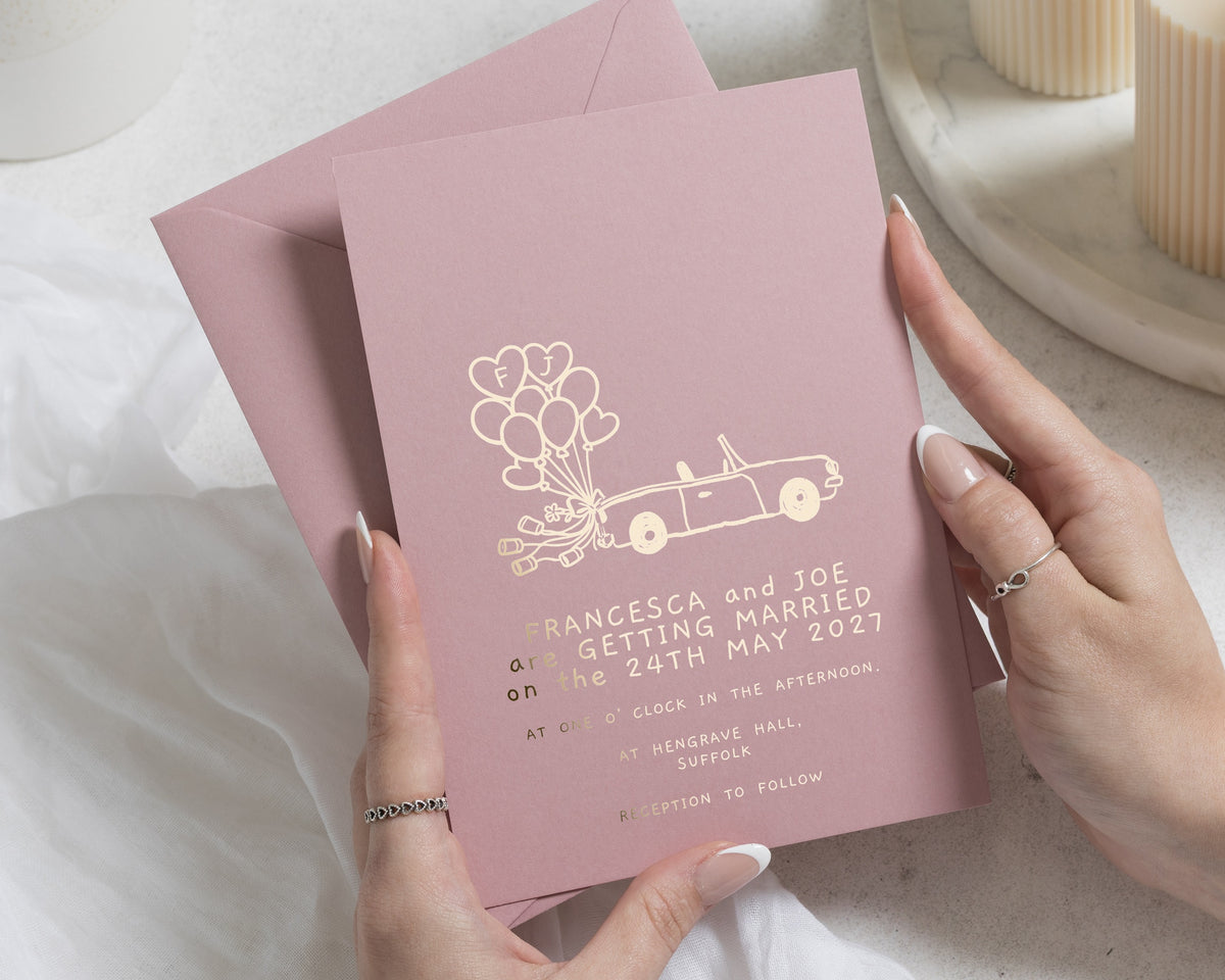 Gold Foil Wedding Invitations, Dusky Pink Wedding Invite, Wedding Car and Balloon Illustration, Personalised Wedding Invitation