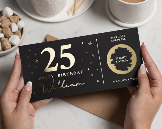 Personalised Birthday Gift Voucher, Scratch To Reveal, Flights To Ibiza, Custom Birthday Surprise Card, Gold Foil, For Him Or Her