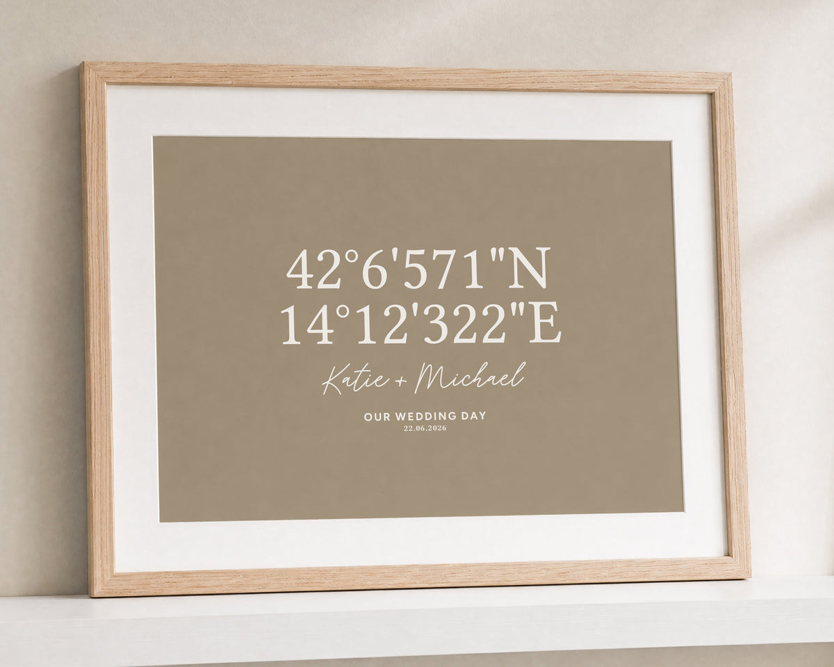 Personalised Coordinates Print, Warm Taupe Wedding Wall Art, Couple Gift, Anniversary Gift, Landscape Framed Print