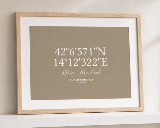 Personalised Coordinates Print, Warm Taupe Wedding Wall Art, Couple Gift, Anniversary Gift, Landscape Framed Print