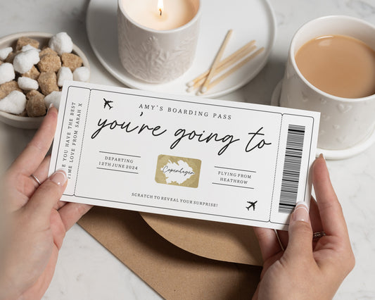 Personalised Holiday Reveal Ticket, Scratch To Reveal Gift Voucher, Surprise Trip Boarding Pass