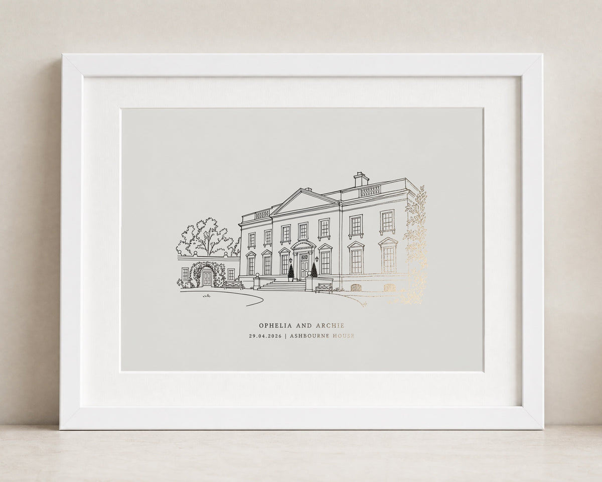 Personalised Gold Foil Venue Print from Your Photo, Ivory Wall Art, Custom House Illustration, Wedding or Anniversary Gift for Couple