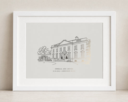 Personalised Gold Foil Venue Print from Your Photo, Ivory Wall Art, Custom House Illustration, Wedding or Anniversary Gift for Couple
